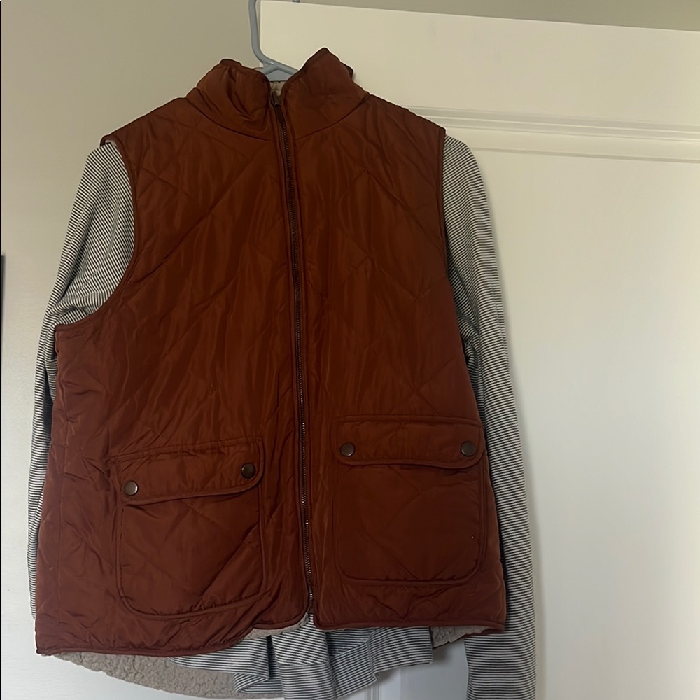 Large Reversible Stripped Sweater with Brown Quilted Vest. Dry Goods